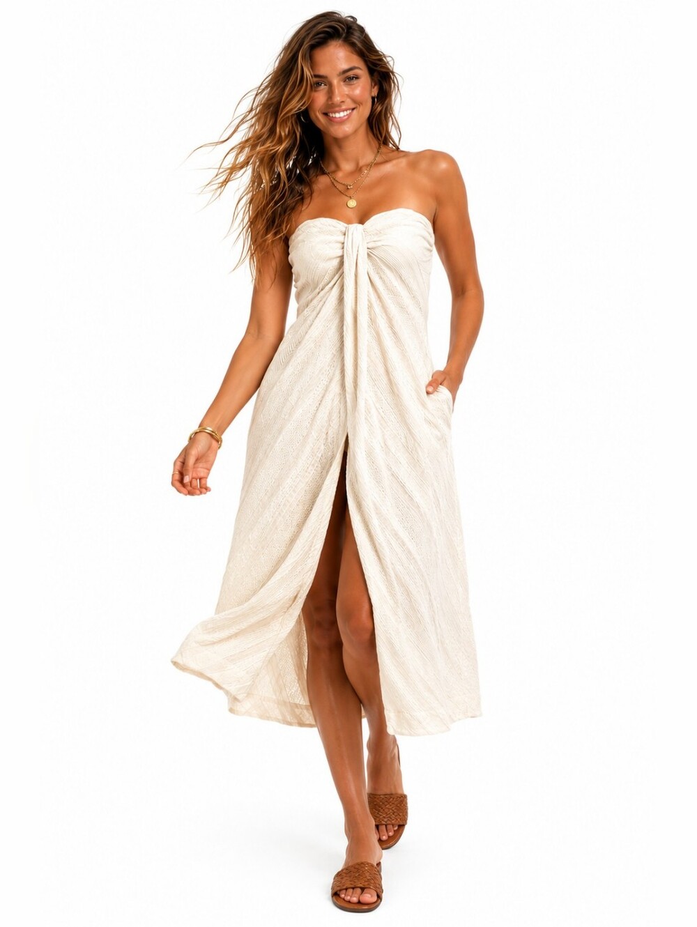 Free People Ivory Linen Blend Strapless Midi Dress Small